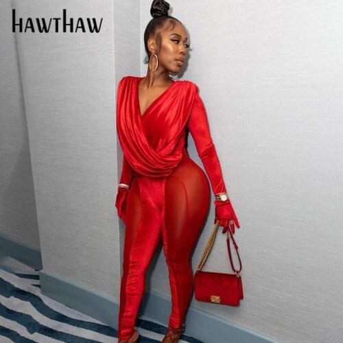 Hawthaw Women Fashion Autumn Long Sleeve V Neck Bodycon Soild Color Jumpsuit Overall 2021 Fall Female Clothing Streetwear