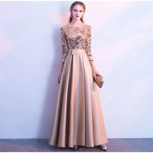 Vestido Rose Gold Dress New Spring A-Line Sequins Crew Neck Golden Prom Sexy Party Dresses Formal Long Dress Women Elegant