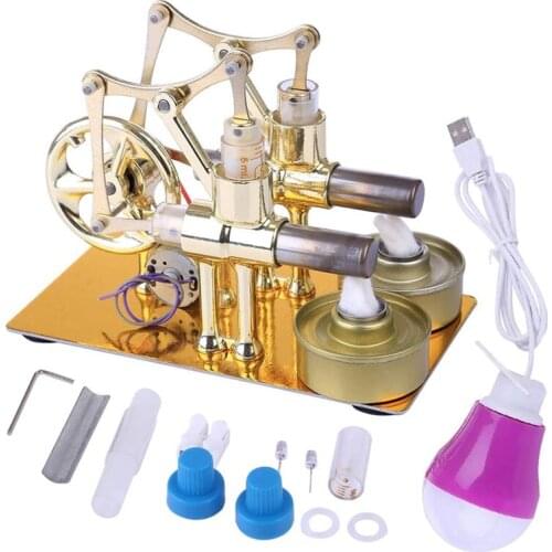 Golden Double Cylinder Stirling Engine Model Bulb External Combustion Heat Steam Power Physics Science Experiment Engine