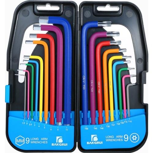 18PCS Multicolour L-Key Set Metric Star Long Arm Ball End Hex Key Set Chrome Vanadium Steel Industrial Grade Allen Wrench Set