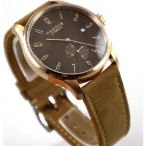 42mm parnis coffee dial rose golden case date automatic movement mens watch