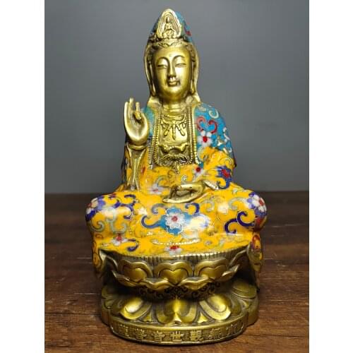 8"Tibet Buddhism Temple Old Bronze Cloisonne Enamel Guanyin Buddha Statue Bodhisattva statue Sitting lotus Enshrine