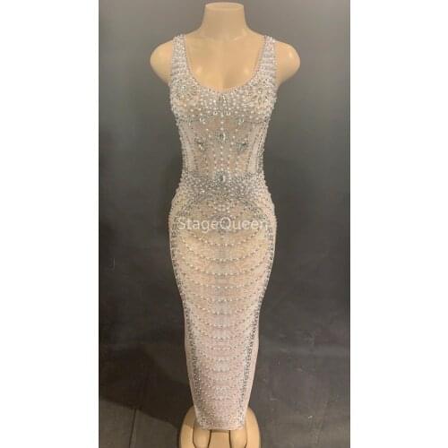 Shining See Through Pearls Dress Womens Birthday Celebrate Mesh Long Dress Stage Costume Dance Outfit DS DJ Dress