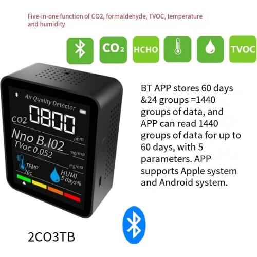 5 In1 BT CO2 Meter Digital Temperature Humidity Sensor Tester Air Quality Monitor Carbon Dioxide TVOC Formaldehyde HCHO Detector