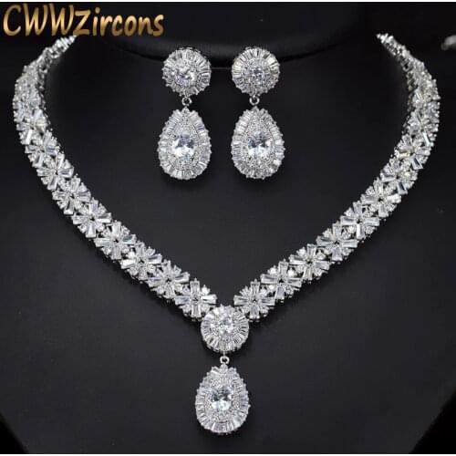 CWWZircons White Gold Color Luxury Bridal CZ Crystal Necklace and Earring Set Big Wedding Jewelry Sets For Brides T103