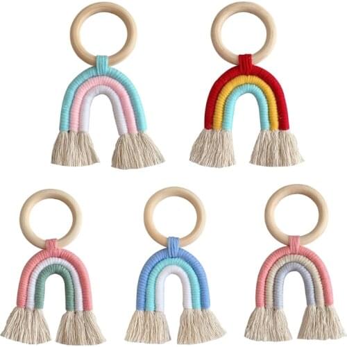 Baby Teething Ring Rainbow Tassel Wooden Nursing Teether Toy Stroller Pendant
