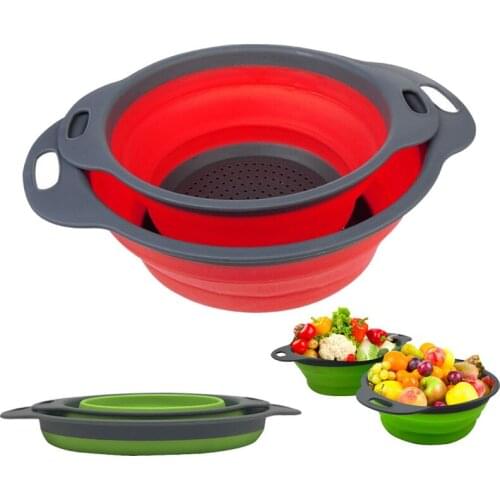 2 Pcs Collapsible Silicone Colander Foldable Drain Strainer Basket Fruit Vegetable Washing Basket Strainer with Handle Kitchen