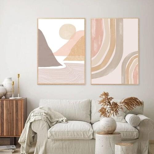 Smoke Powder Tone Mountain Sun Landscape Painting Boho Wall Art Abstract Beige Canvas Poster Decorative Pictures for Living Room