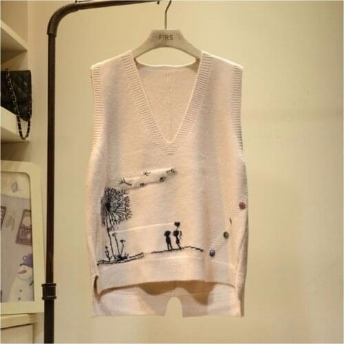 Bottoming Pullover Sweater Vest Women 2020 Embroidered V-neck Knitted Sweater Vest Femal Cartoon Pattern Frill Loose Sleeveless