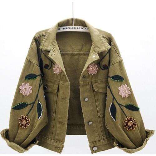 2020 spring Autum floral embroidery beading Denim Jackets Korean loose BF students girls sweet Jeans Coat Outwear Jacket JC255