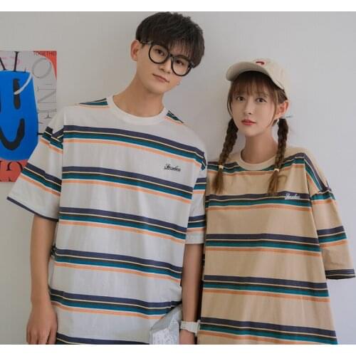 Summer Striped Oversized Unisex T-shirt Loose Casual All-match British Style 2021 Clothes Male Harajuku Teen Hip Hop White Tops
