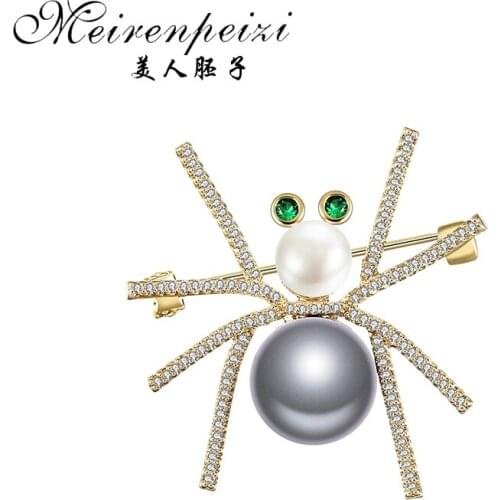Meirenpeizi New Rhinestone Spider Brooches For Women Black Color Insect Pin Pearl Jewelry Summer Fashion Accessories Cool Brooch