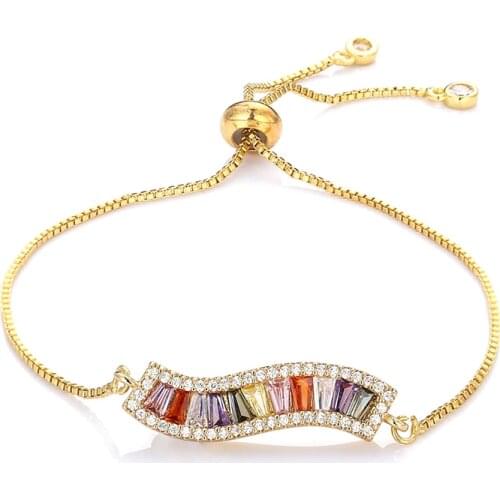 Fashion womens rainbow wave bracelets jewelry gold cz colorful zircon bracelet bangle adjustable chain bracelet for women