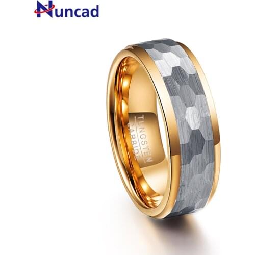 NUNCAD Mens 8mm Width Tungsten Carbide Wedding Band Ring Hammered Finish Gold Plating Edge Tungsten Steel Ring Size 7 To 12