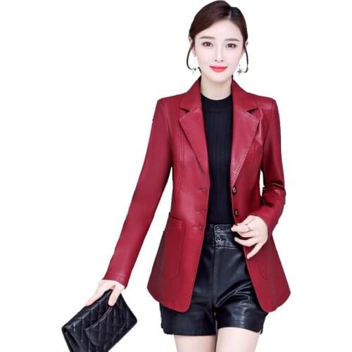 New spring autumn leather coat womens short section Slim was thin suit collar ladies leather jacket plus size womens overcoat
