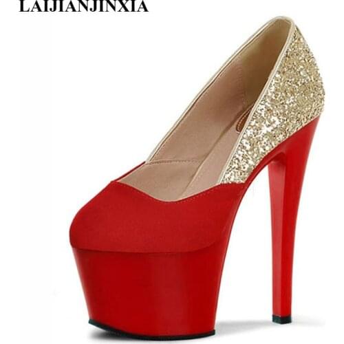 New gold bridal crystal high heels, sparkling high heels, women sequined dancing shoes 17cm