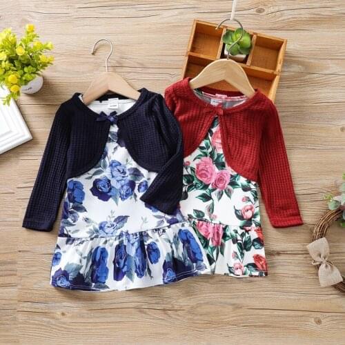 Autumn New Girls Sleeveless Floral Dress + Solid Color Hollow Jacket Coats Childrens Two-piece Set Dropshipping