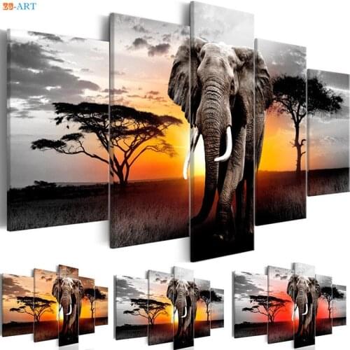Elephants Print Poster Canvas Art 5 Panel Canvas Painting Wall Art Modular Pictures for Living Room Home Decor Gift for Him