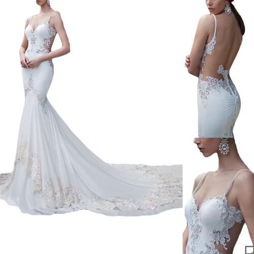 Luxury Mermaid Wedding Dresses Lace Beads Bridal Gowns Custom Made Sexy Spaghetti Straps Open Back Sweep Train Wedding Dress