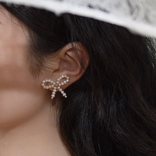 Lily Jewelry Real US 14K Gold Filled Freshwater Pearl Bowknot Stud Earrings for Girls High Luster Real Pearl Earrings