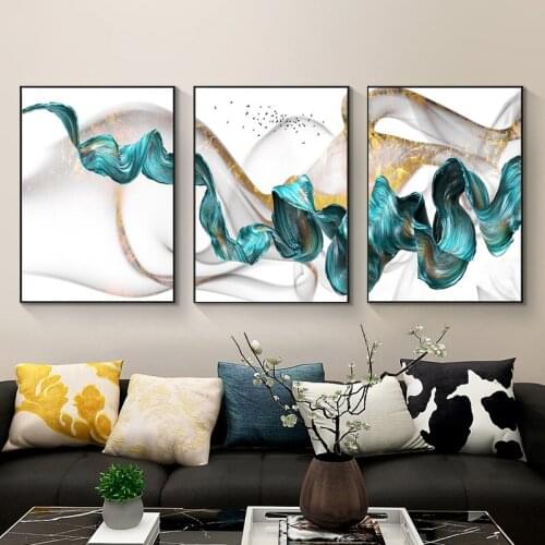 Nordic Abstract Color Spalsh Blue Golden Wall Art Canvas Painting Nordic Posters And Prints Wall Pictures Kids Home Decoration