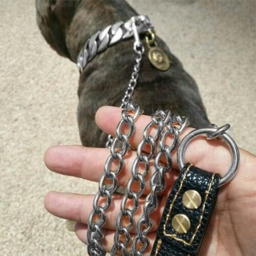 Tiasri 9mm Silver Color High Quality Stainless Steel Pet Pull Rope Chain Dog Leash Coriaceous Handle Training Rope Bulldog