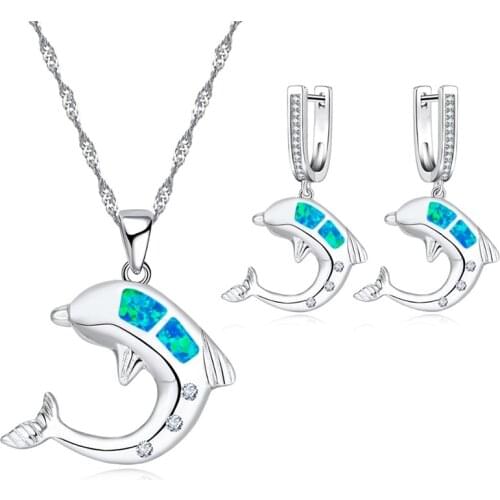 Cute Dolphin Shape Jewelry Set Fashion Jewlery Blue Imitation Fire Opal Pendant Necklace With Earrings For Women Loves Gift