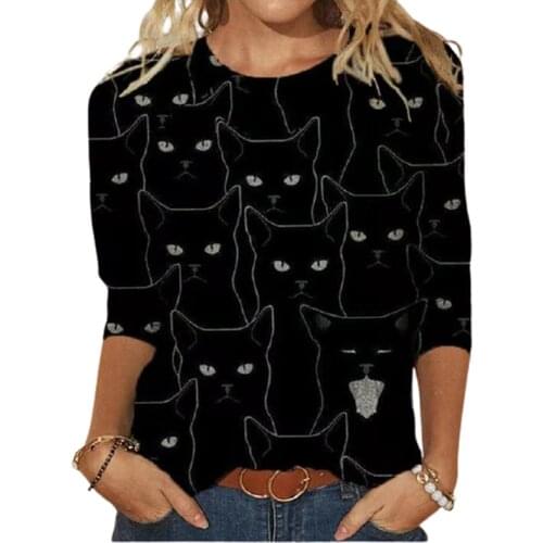 Plus Size Angry Cats Print Tshirt Women Long Sleeve Casual 3D Digital Priting Black Woman Tshirts 3XL 4XL 5XL New Spring Tops