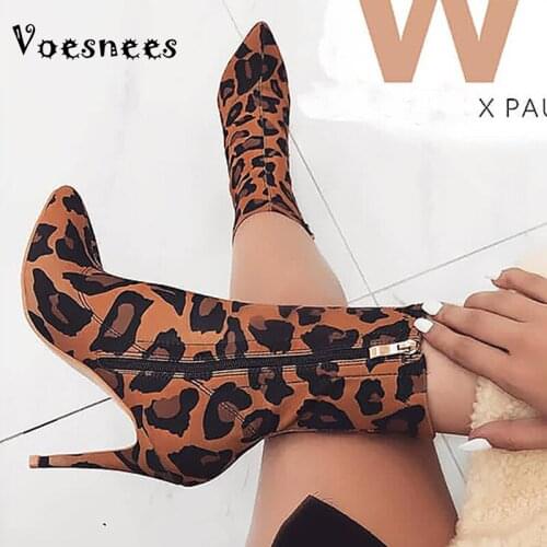 Voesnees Womens Short Boots 2021 New Autumn Winter pointed leopard print ankle boots Female Side zipper Thin Heel High Heels