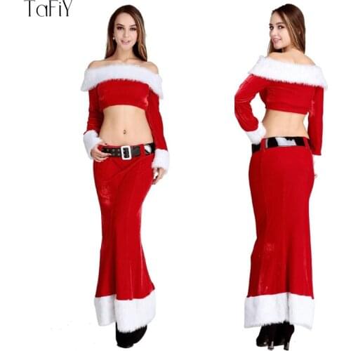 TaFiY Sexy Christmas Costume for Women Red Christmas Costume Long Sleeve Sexy Costume for Christmas Top+Skirt+Belt 3pcs set