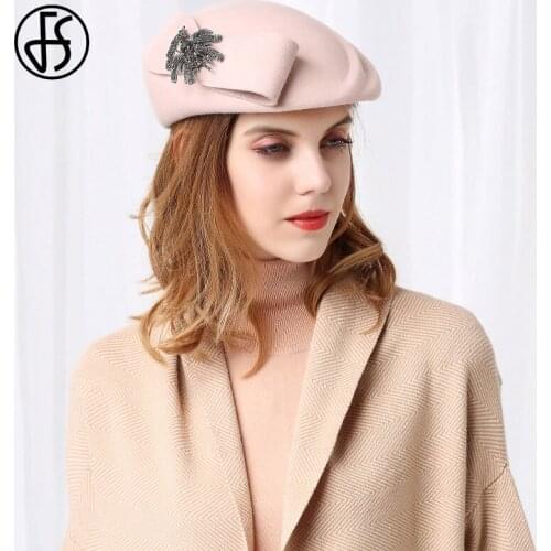FS French Berets Winter Wool Women Fascinator Hats For Women Church Cocktail Wedding Party Fashion Bowknot Bridal Pillbox Hat