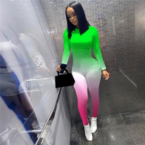 Women Gradient Print Long Sleeve Sport Bodycon Jumpsuit Bandage Skinny Jumpsuit Streetwear Autumn Winter Romper Outfits