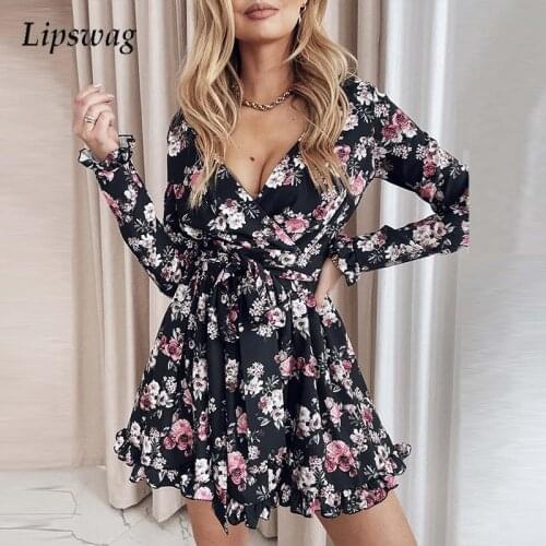 Women Fashion Ruffle Folds Slim Party Dress Casual Petal Long Sleeve Dress Lady Elegant Floral Print V Neck Lace-Up Mini Dress