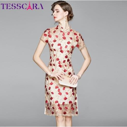 TESSCARA Women Luxury Embroidery Mesh Dress Festa High Quality Elegant Pencil Party Robe Femme Vintage Designer Lace Vestidos