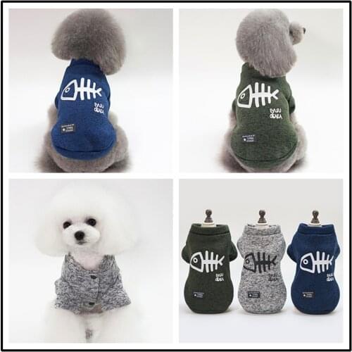 Winter Pet Dog Cotton Warm Two Legged Fish Bone Print Sweater Cat Puppy Vest Button Jacket Coat Yorkies Chihuahua Clothes