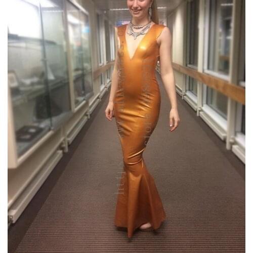 0.4mm thickness latex dress plus size womens gold sheat evening long sexy latex dress with trumpet design