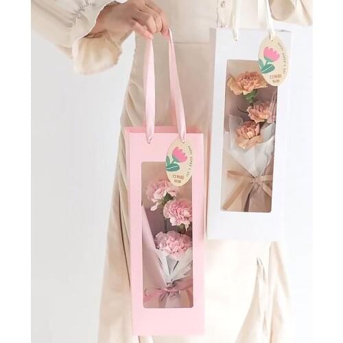 1PC Gift Bag Tote Transparent Window Mothers Day Bouquet Gift Box Flower Tote Paper Bags Christmas Flower Packing