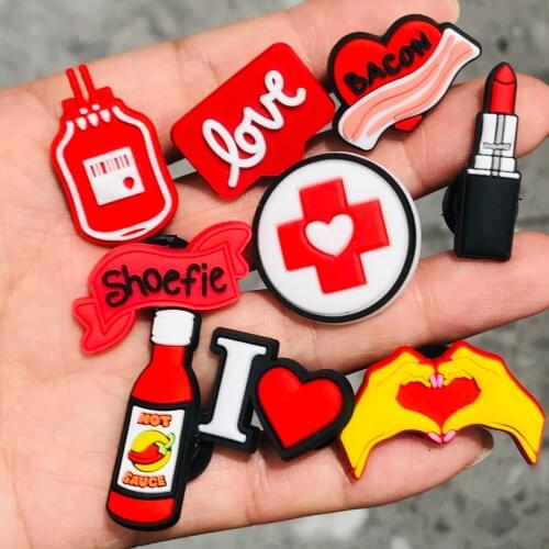 1Pcs Love Bacon Lipstick Shoelife Heart PVC Shoe Charms Shoes Decoration Accessories Buckle For Wristbands Kids Gift
