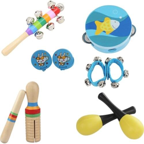 10pcs/set Musical Toys Rhythm Kit Including Tambourine Maracas Castanets Handbells Wooden Guiro for Kids