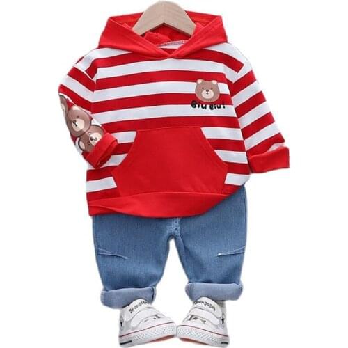 2021 Spring Autumn Children for Boy Girl Suit Clothes New Cartoon Stripe Hooded Pullover Top Jeans 2Pcs Kids Baby Set for Boy