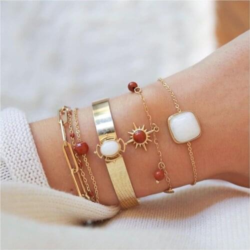 6 Pcs/Set Bohemian Trendy Star Bead Geometric Round Gem Bracelet Set Multilayer Charm Bangle Bracelet Lady Party Jewelry Gifts
