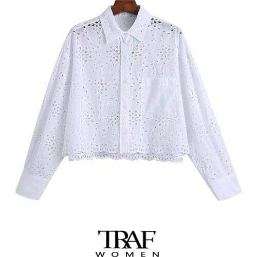 TRAF Za Women Fashion Hollow Out Embroidery Loose White Blouses Vintage Long Sleeve Button-up Female Shirts Chic Tops