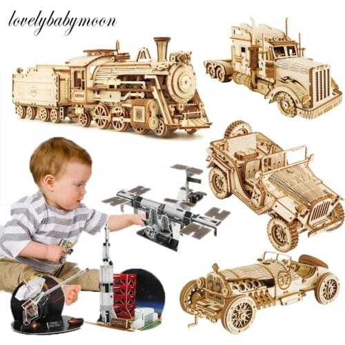 DIY 3D Wooden Puzzle Train Clockwork Gear Drive Locomotive Assembly Model Building Kit Toys Gift for Children Teens