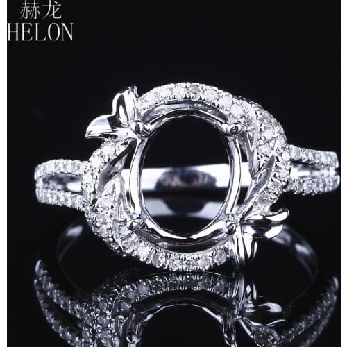 HELON Oval 7X8.5MM Sold 14K White Gold Pave 0.32ct Genuine Natural Diamonds Semi Mount Engagement Wedding Ring Wome Fine Jewelry