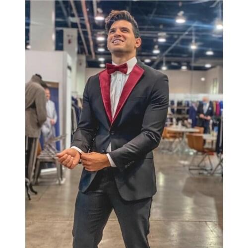 Costume Homme Black Men Suits Red Peak Lapel Two Buttons Wedding Groom Tuxedo Terno Masculino Slim Fit Prom Blazer 2 Pieces