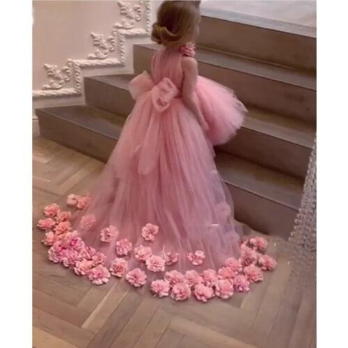 Pretty 3D Flower Tutu High Low Girls Pageant Dresses High Collar Puffy Tulle Flower Girl Dresses 2020 Communion Dresses