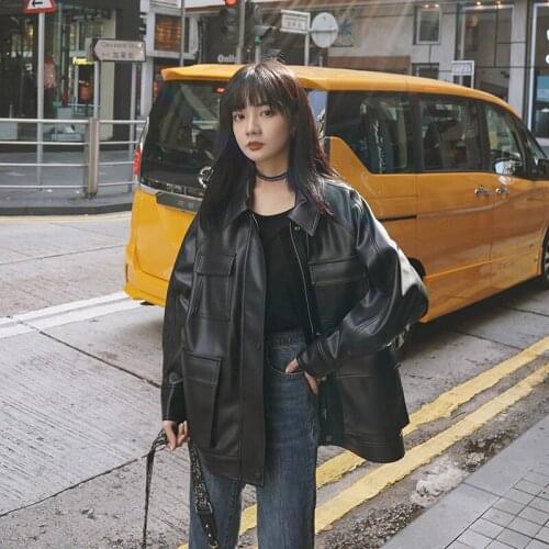 Spring Autumn 2021 Chic Four Big Pockets Oversized Design MotoBike BF Vintage Retro Women Female Pu Leather Jacket HB251