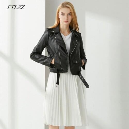 FTLZZ Autumn Womens Rivet Short Pu Leather Jacket Female Zipper With Belt Street Coat Ladies Streetwear Faux Leather Jackets