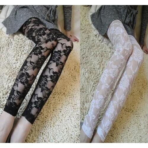 Pure Black White See Through 2017 Fitness Leggings Transparent Sexy Leggings For Women Sexiest Lace Floral Leggings One Size