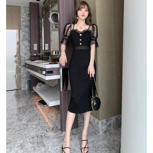 Summer Black Patchwork Lace Dresses V Neck Short Sleeve High-end Women Dress Office Lady Sexy Party Vintage Midi Bodycon Dress
